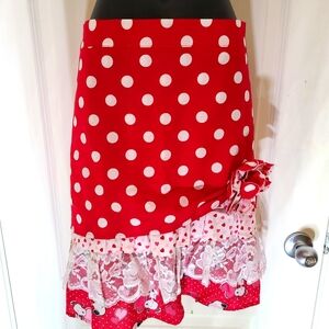 Hand crafted waist apron red and white with bows and lace fits everyone.